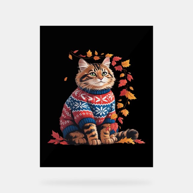 Cat Leaf Fall Hello Autumn Funny Cat Kitten Lover  Acrylic Sign (Front)