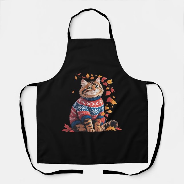 Cat Leaf Fall Hello Autumn Funny Cat Kitten Lover  Apron (Front)