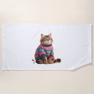 Cat Leaf Fall Hello Autumn Funny Cat Kitten Lover  Beach Towel