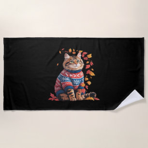 Cat Leaf Fall Hello Autumn Funny Cat Kitten Lover Beach Towel
