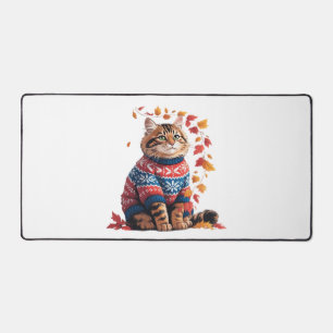 Cat Leaf Fall Hello Autumn Funny Cat Kitten Lover  Desk Mat