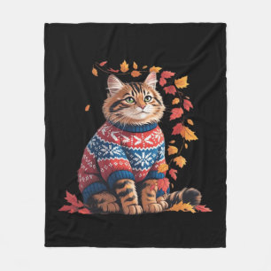 Cat Leaf Fall Hello Autumn Funny Cat Kitten Lover  Fleece Blanket