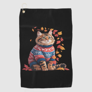 Cat Leaf Fall Hello Autumn Funny Cat Kitten Lover  Golf Towel