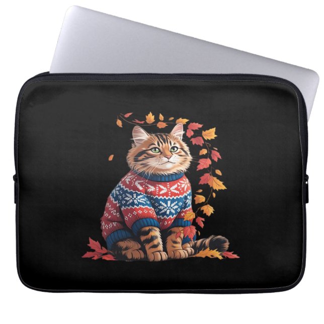 Cat Leaf Fall Hello Autumn Funny Cat Kitten Lover  Laptop Sleeve (Front)