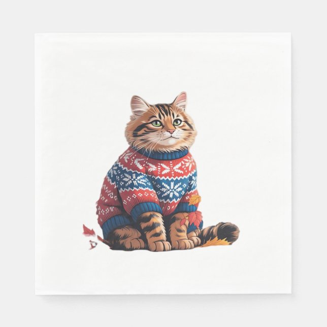 Cat Leaf Fall Hello Autumn Funny Cat Kitten Lover  Napkin (Front)