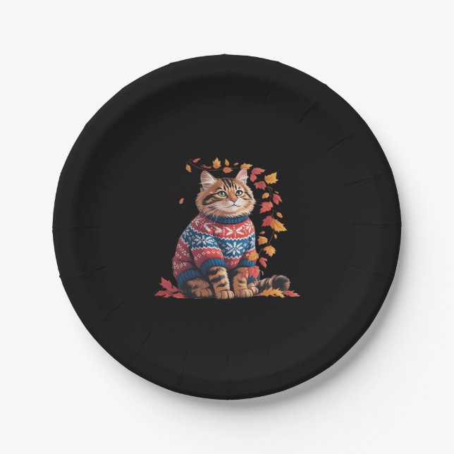 Cat Leaf Fall Hello Autumn Funny Cat Kitten Lover  Paper Plate (Front)