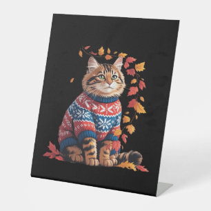 Cat Leaf Fall Hello Autumn Funny Cat Kitten Lover  Pedestal Sign