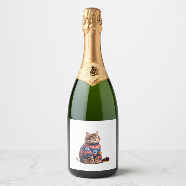 Cat Leaf Fall Hello Autumn Funny Cat Kitten Lover  Sparkling Wine Label (Front)