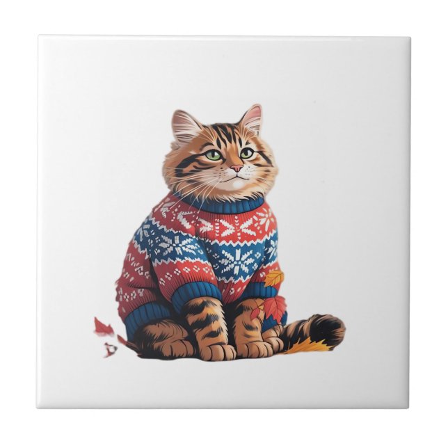 Cat Leaf Fall Hello Autumn Funny Cat Kitten Lover  Tile (Front)