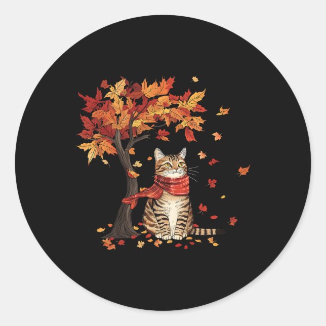 Cat Leaf Fall Tree Hello Autumn Thanksgiving It's  Classic Round Sticker (Front)