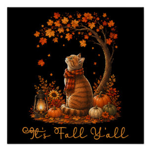 Cat Leaf Fall Tree Hello Autumn Thanksgiving Poster