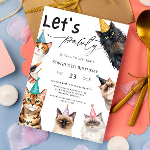 Cat Let's Pawty Kitten Cute 1st Birthday Invitation
