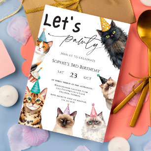 Cat Let's Pawty Kitten Cute 3rd kitty Birthday Invitation
