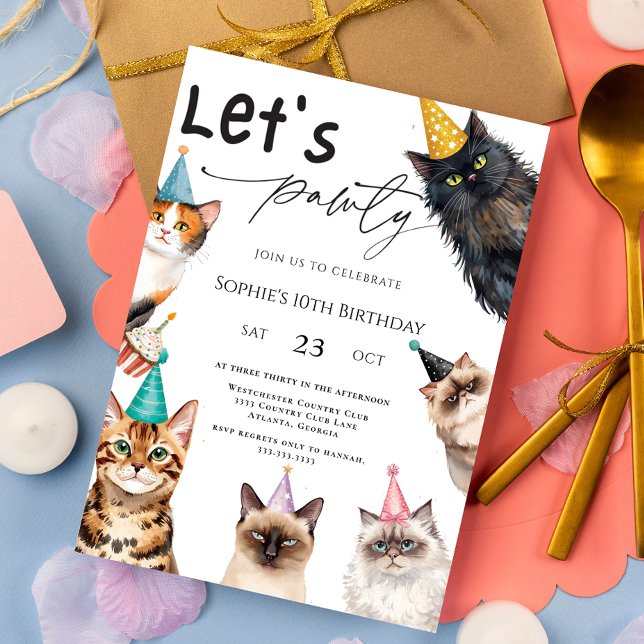 Cat Let's Pawty Kitten Cute kitty 10th Birthday Invitation (Creator Uploaded)