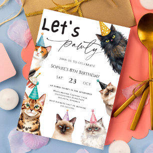 Cat Let's Pawty Kitten Cute kitty 8th Birthday Invitation