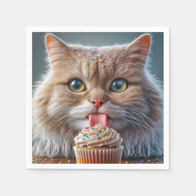 Cat Licking A Birthday Cupcake Napkin (Front)