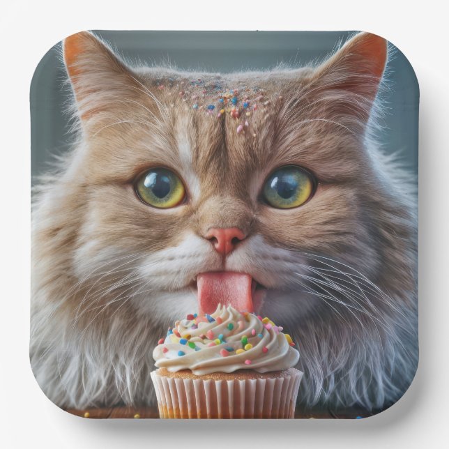 Cat Licking A Birthday Cupcake Paper Plate (Front)