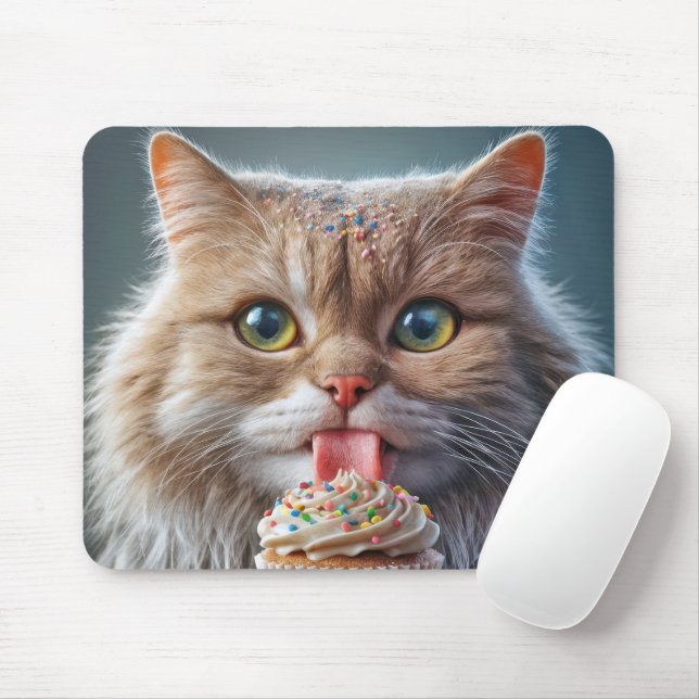 Cat Licking A Cupcake Mouse Mat (With Mouse)
