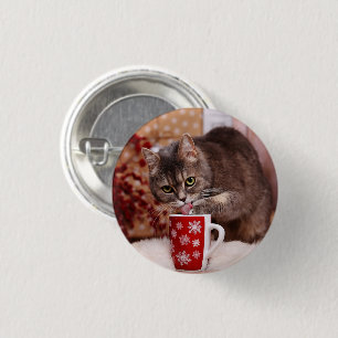 Cat Licking Paw Dipped in Christmas Mug of Cocoa 3 Cm Round Badge