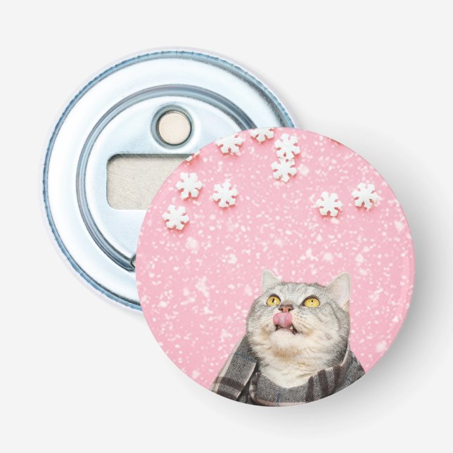 Cat Licking Snowflakes Button Bottle Opener (Front)