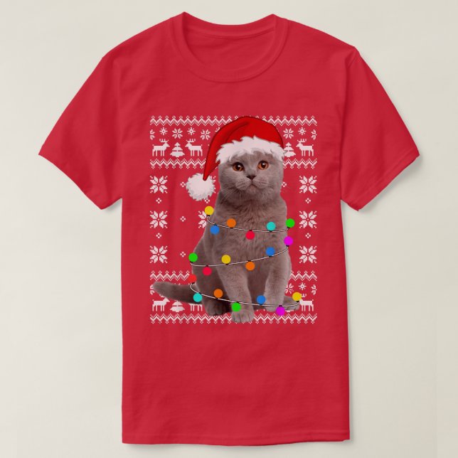 Cat Lights Ugly Kitten Santa Hat Christmas Pajama  T-Shirt (Design Front)