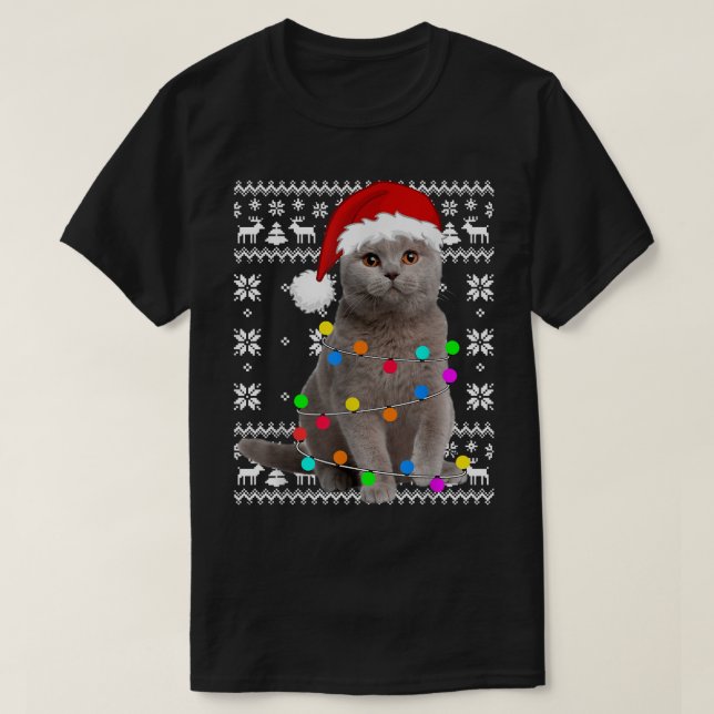 Cat Lights Ugly Kitten Santa Hat Christmas Pajama  T-Shirt (Design Front)