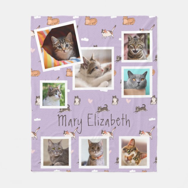 Cat Lilac Photo Collage Modern Purple  Fleece Blanket (Front)