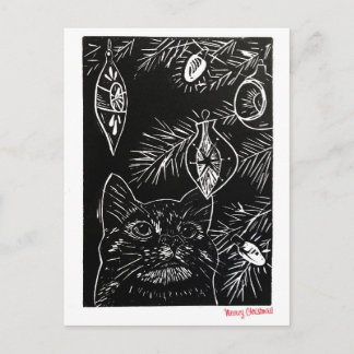 Cat Linocut Christmas Postcard