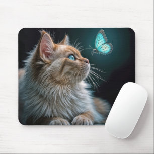 Cat Looking at a Neon Butterfly Mouse Mat