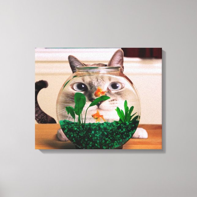 Cat looking at fish in aquarium canvas print (Front)