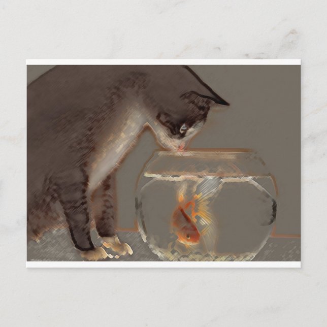 Cat Looking at Goldfish Bowl Postcard (Front)