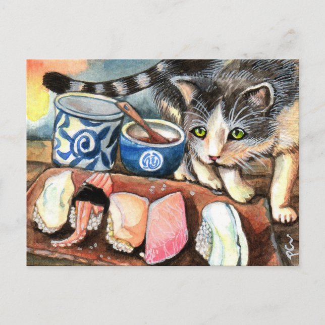 Cat Looking at Sushi Postcard (Front)