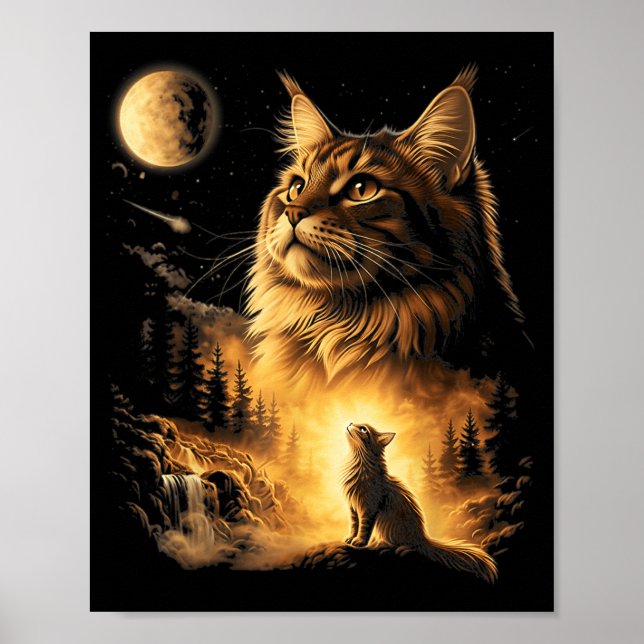 Cat Looking at The Moon Funny Cat Lover Cat Mum Poster (Front)