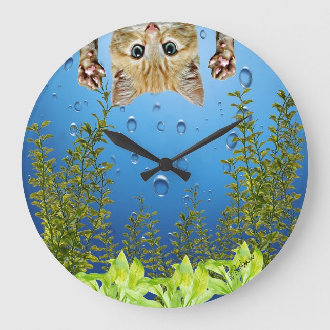 Cat Looking Inside Fish Tank Funny Large Clock (Front)