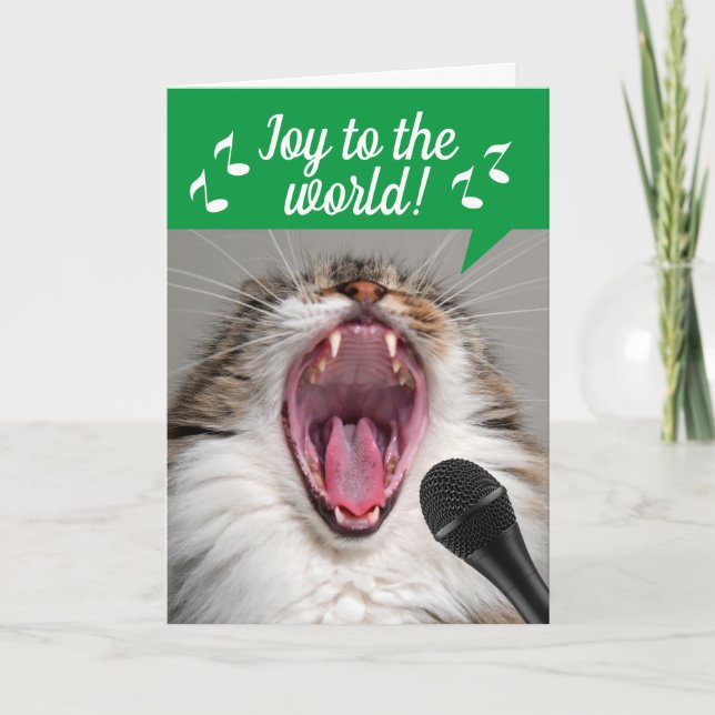 Cat Loudly Singing Joy To The World Christmas Card (Front)