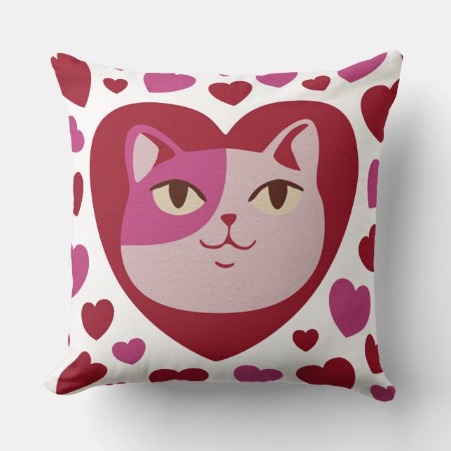 Cat love and hearts throw pillow design (Front)