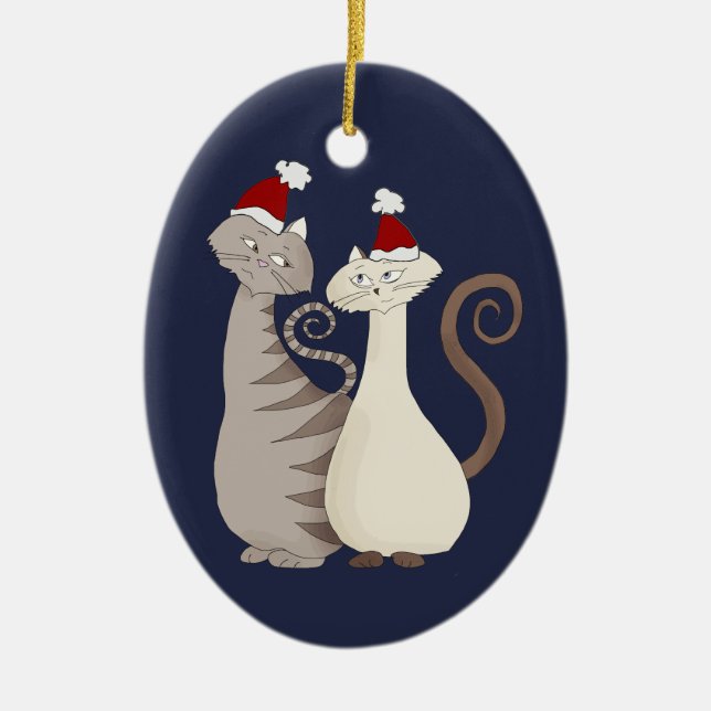 Cat Love Couple Blue Ceramic Tree Decoration (Front)