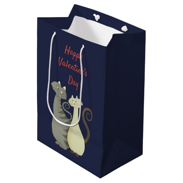Cat Love Couple Navy and Red Happy Valentine's Day Medium Gift Bag (Front Angled)
