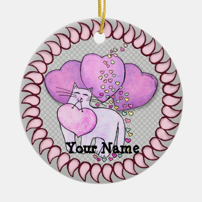 Cat Love Heart Ceramic Tree Decoration (Front)