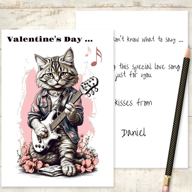 Cat Love Song Musician Happy Valentine's Day Card (A romantic Valentine's Day card featuring a cute kitty singing love songs while playing guitar)