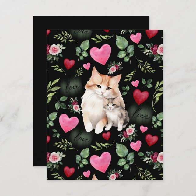 Cat Love Valentine’s Day Card in Black (Front/Back)