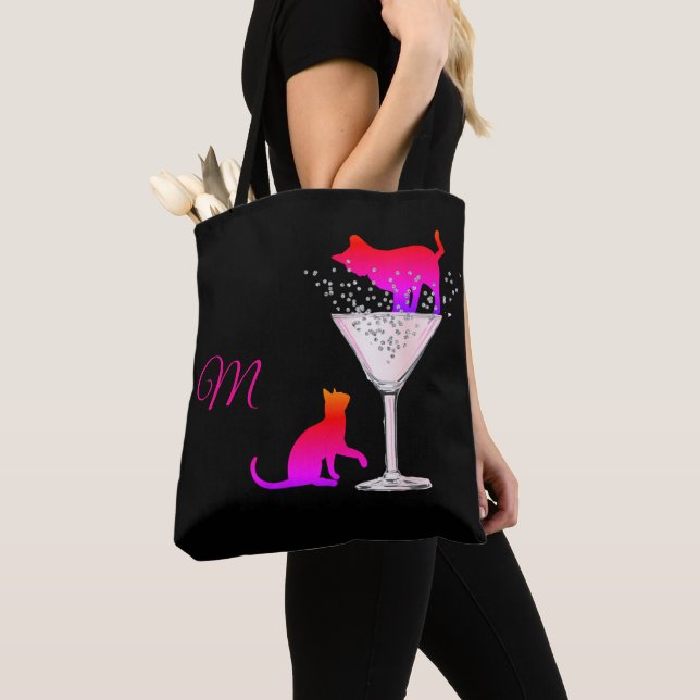 Cat Lover Black Cocktail Pink Modern Monogram Tote Bag (Close Up)