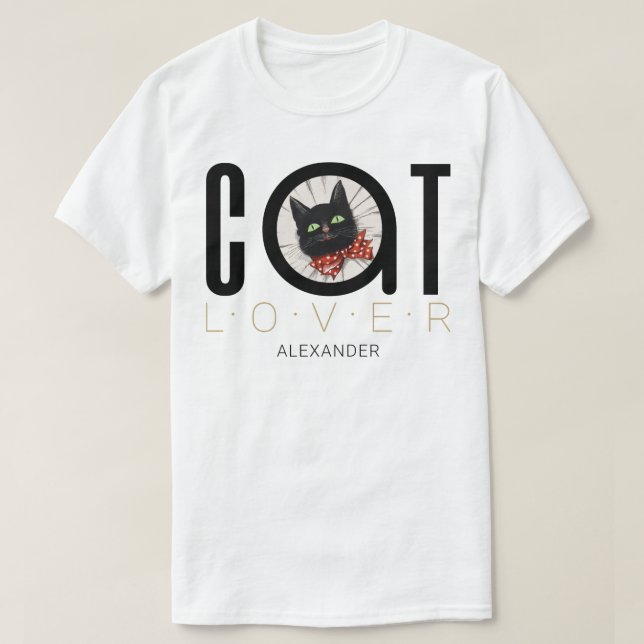 Cat Lover Black Red Green Bow Tie Name Customised T-Shirt (Design Front)