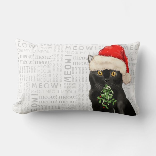 Cat Lover Christmas Black Bombay Santa Kitty Lumbar Cushion (Front)