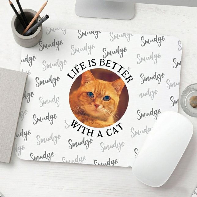 Cat Lover Custom Pet Photo & Name White Mouse Mat (Life is Better with a cat mouse pad)
