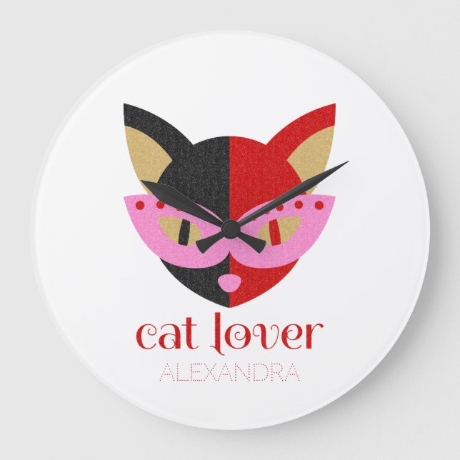 Cat Lover Cute Black Red Pink Name Personalised Large Clock (Front)