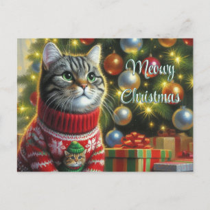 Cat Lover Cute Cat by Christmas Tree  Postcard