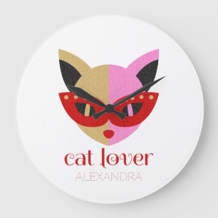 Cat Lover Cute Red Pink Gold Name Personalised Large Clock