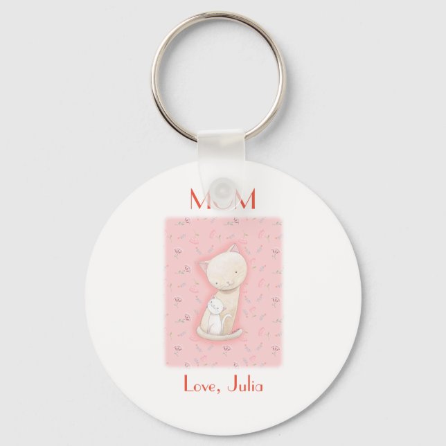 Cat Lover Gift Mama cat and baby Custom Name Key Ring (Front)