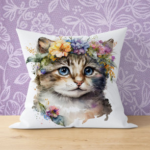 Cat Lover Gift - Watercolor Cat with flowers Cushion